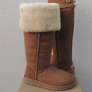 💯AUTHENTIC UGG CHESTNUT OVER THE KNEE BAILEY BUTTON SHEEPSKIN BOOTS